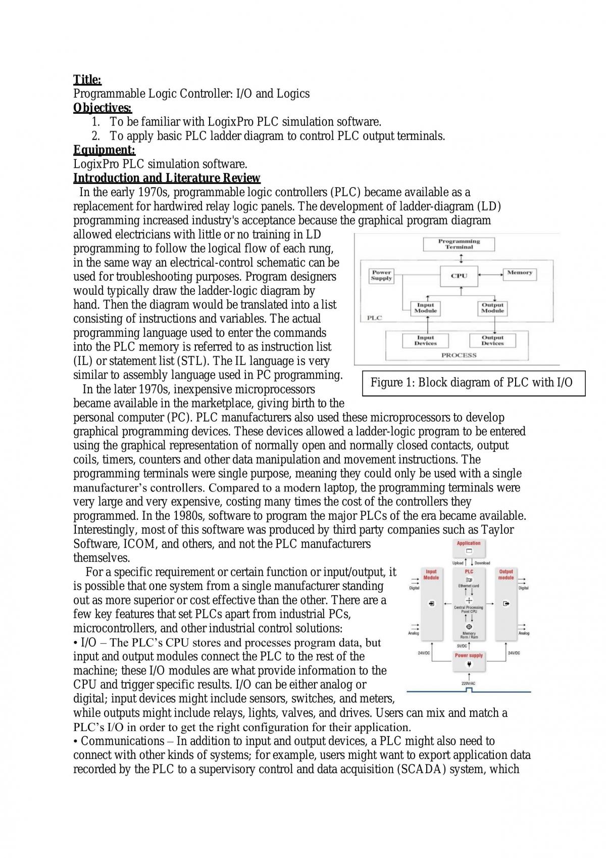 Programmable Logic Controller: I/O and Logics - Page 1