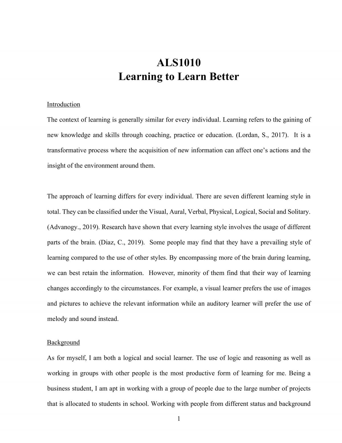 ALS1010 Essay Reflection - Page 1