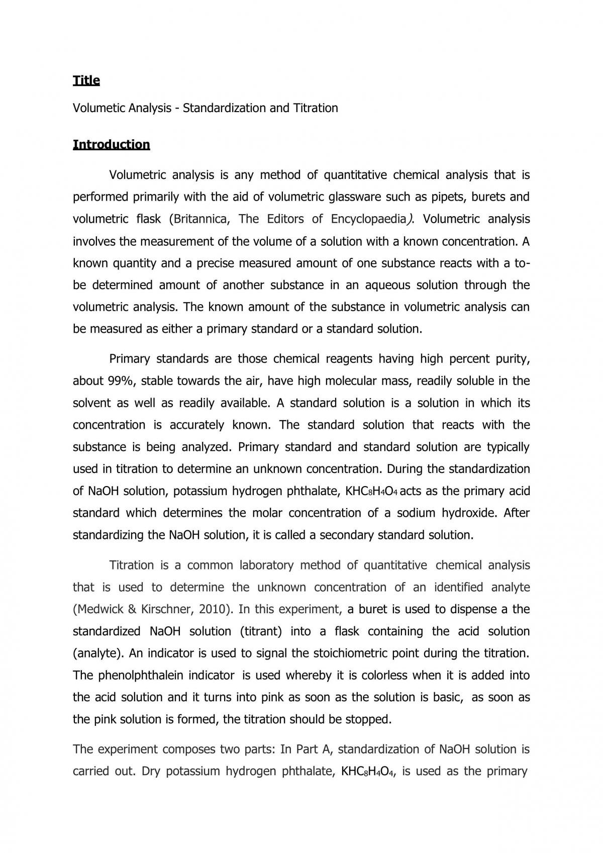 Laboratory Report 5: Volumetric Analysis - Page 1