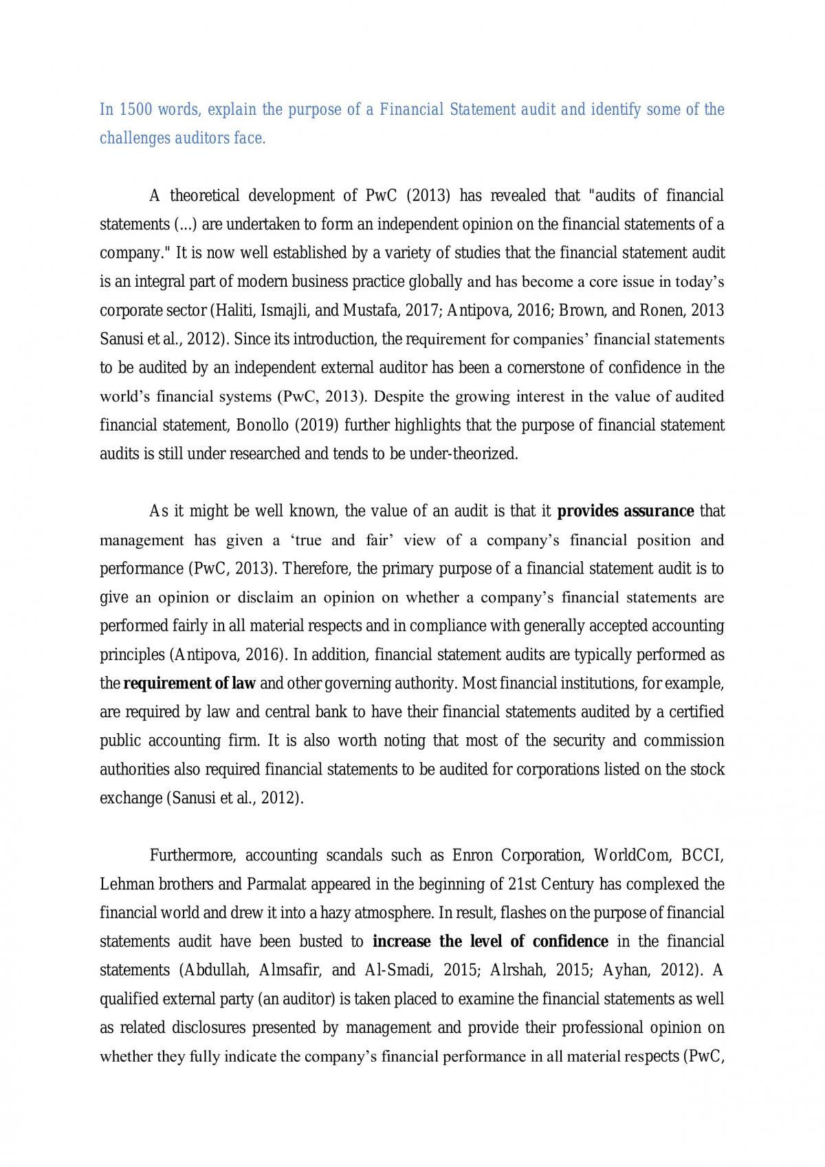 Essay discussing financial statement audit - Page 1