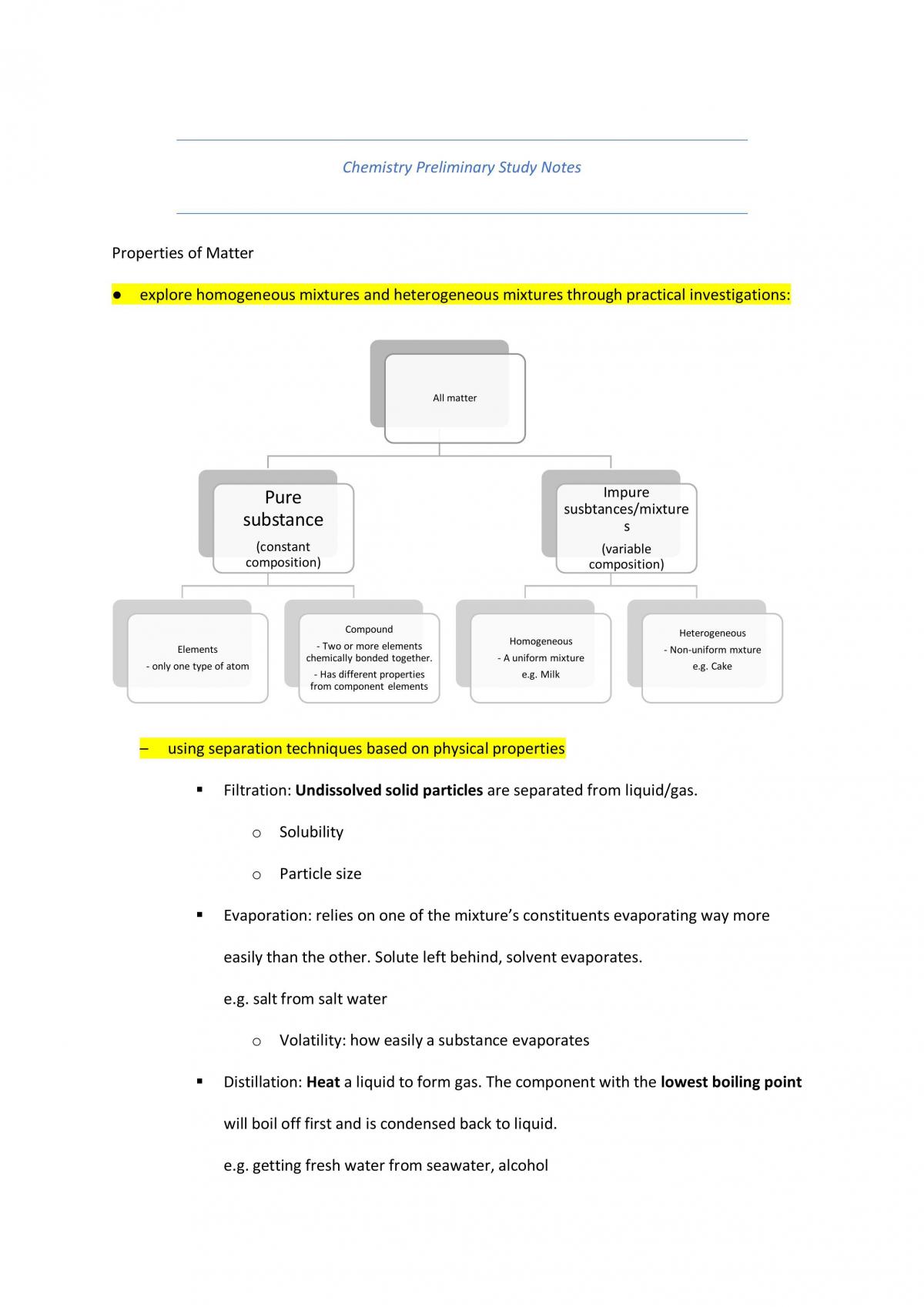 Chemistry Year 11 Study Notes - Page 1