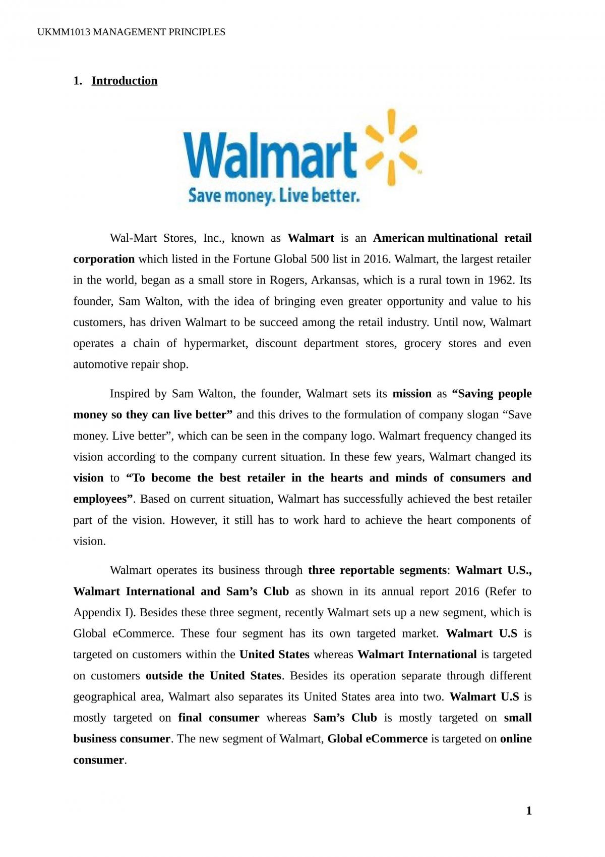 Management Principles Assignment - Walmart  - Page 1