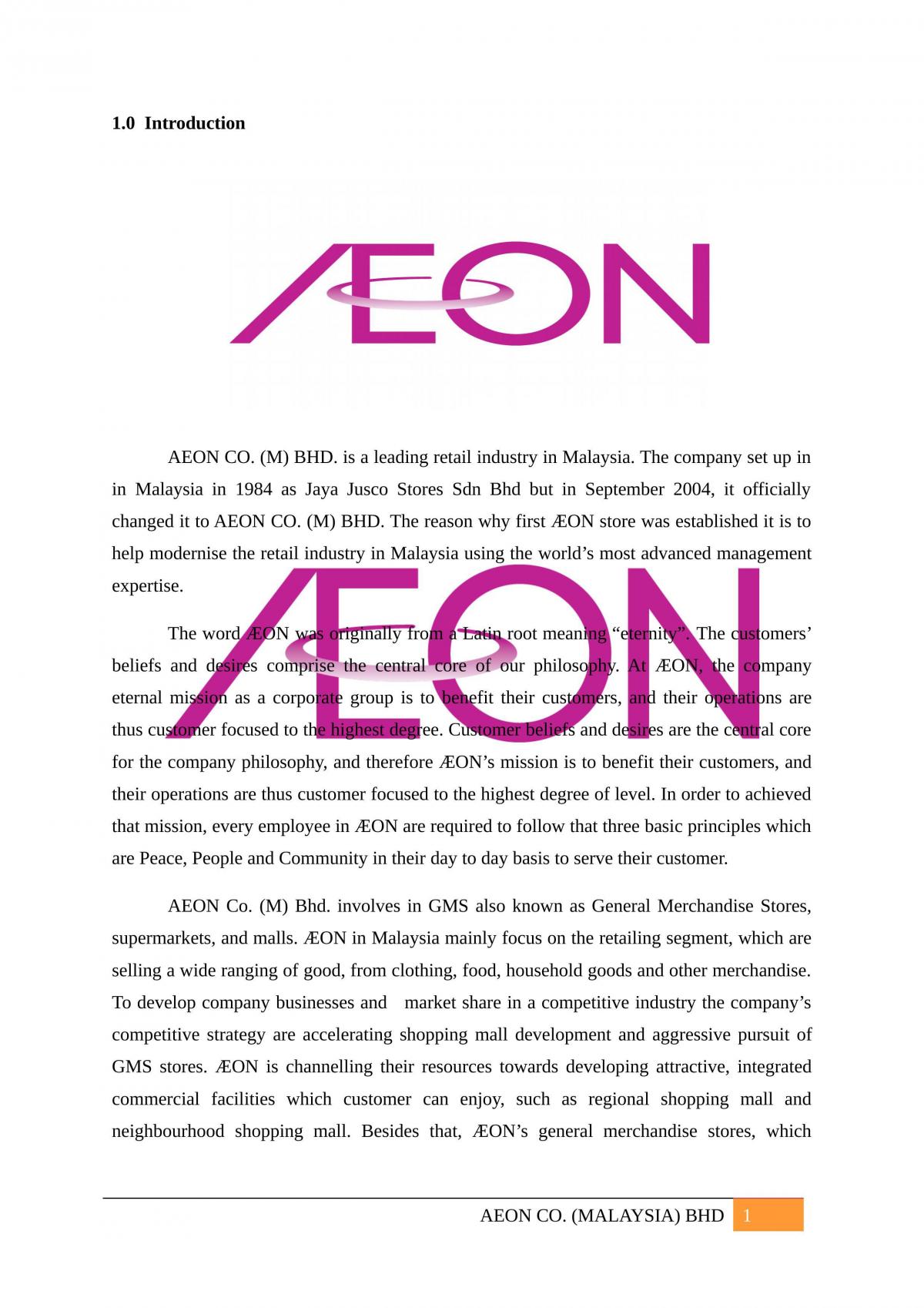Management Principles Assignment - Analysis on Aeon Co. Malaysia Bhd.  - Page 1