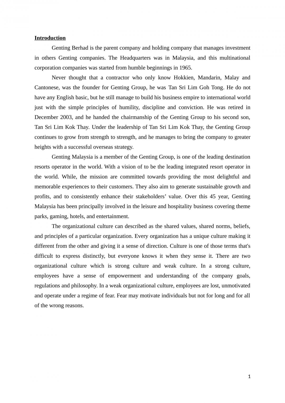 Genting Berhad Management Principles Assignment  - Page 1