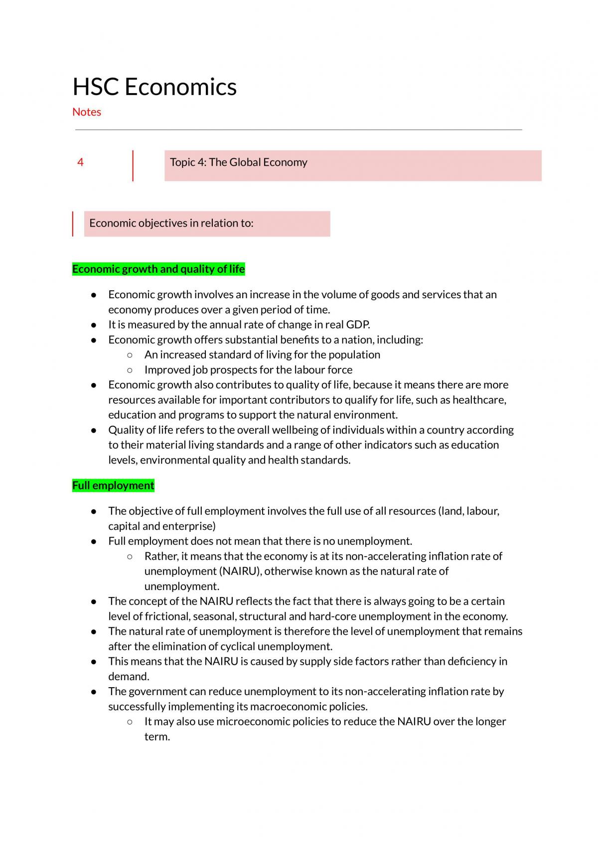Topic 4 Economics Notes  - Page 1