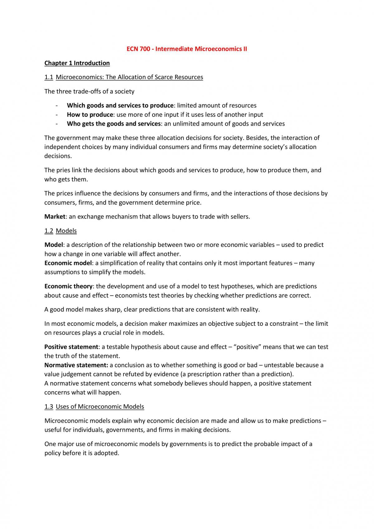 Intermediate Microeconomics II - Summary - Page 1