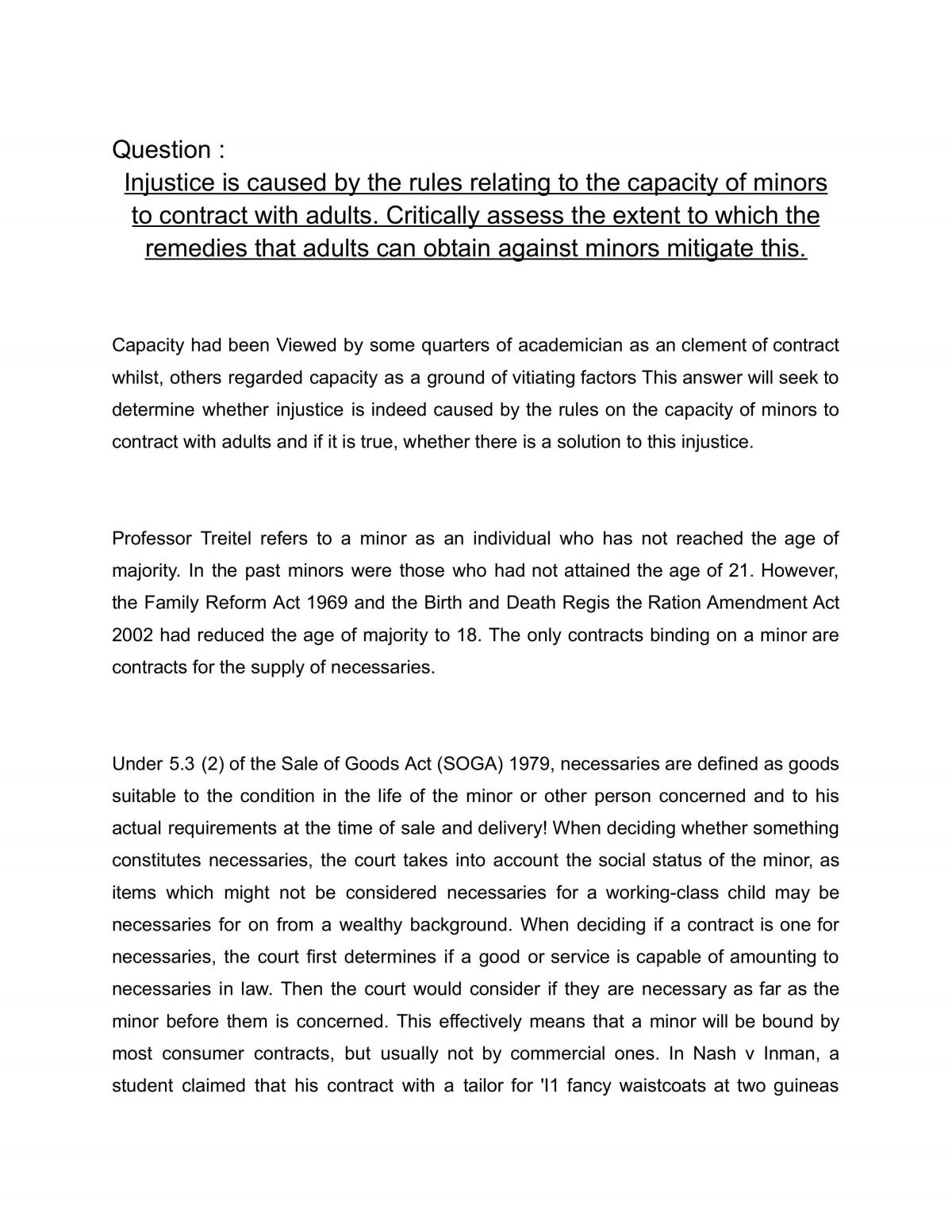 Capacity of Minors to Contract essay - Page 1