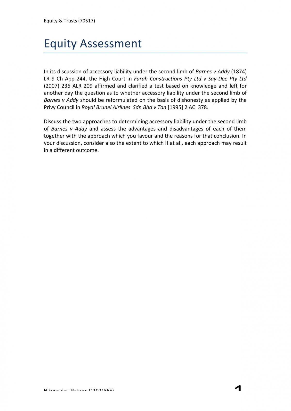 Accessory Liability (Barnes v Addy) Research report - Page 1