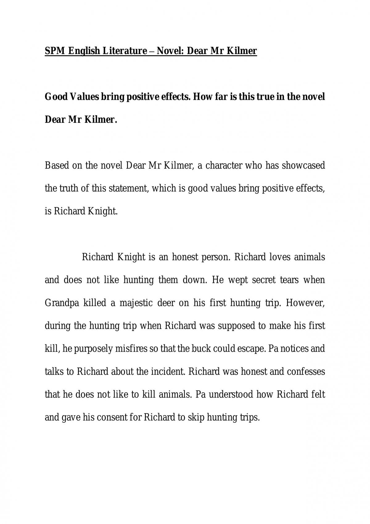 SPM English Literature Novel Dear Mr Kilmer - Good values bring positive effects - Page 1