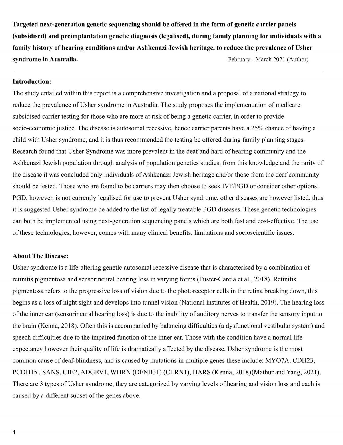 Biology Depth Study - Genetic Diseases - Usher Syndrome Scientific Report  - Page 1