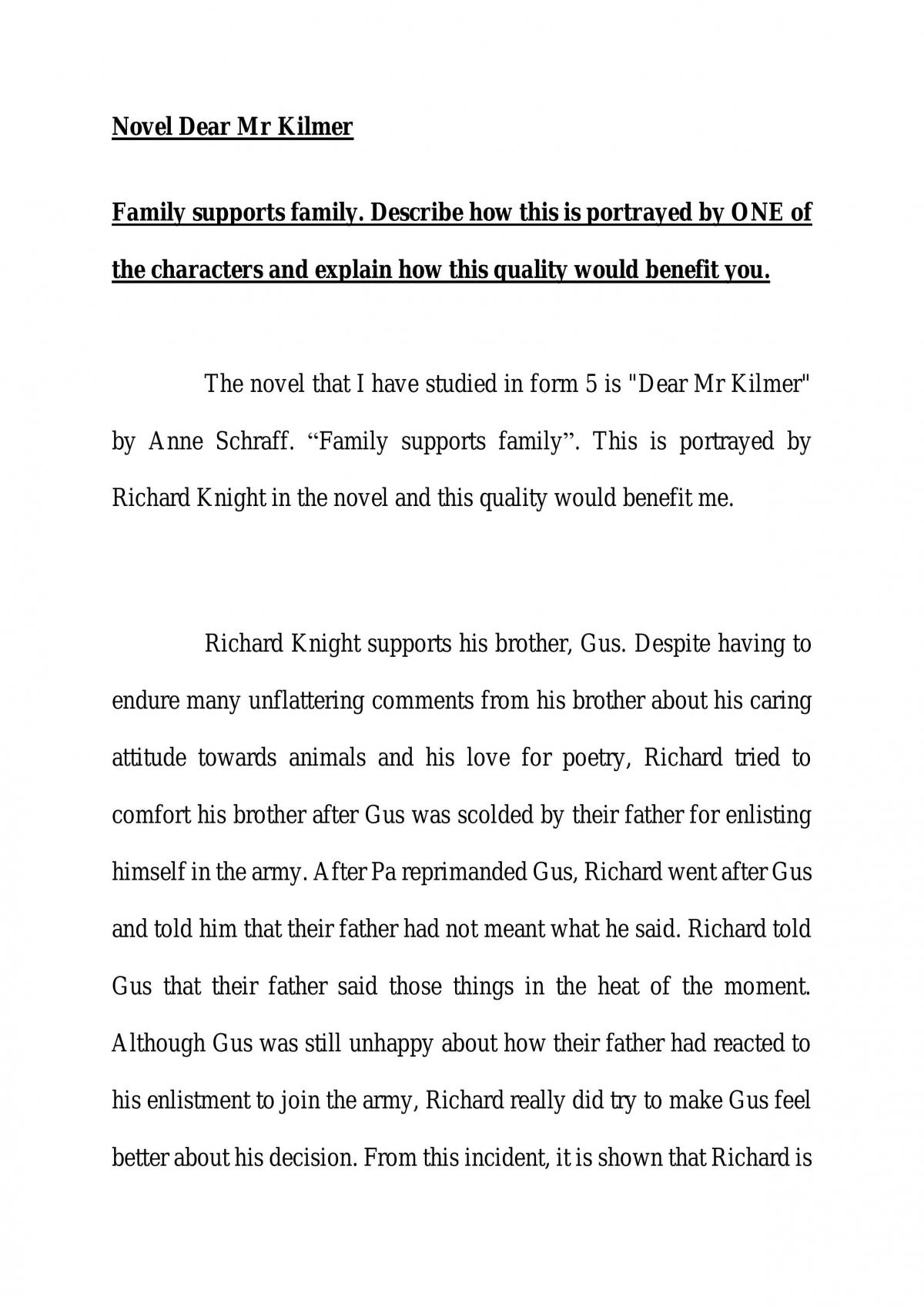SPM English Literature Novel Dear Mr Kilmer - Family supports family - Page 1
