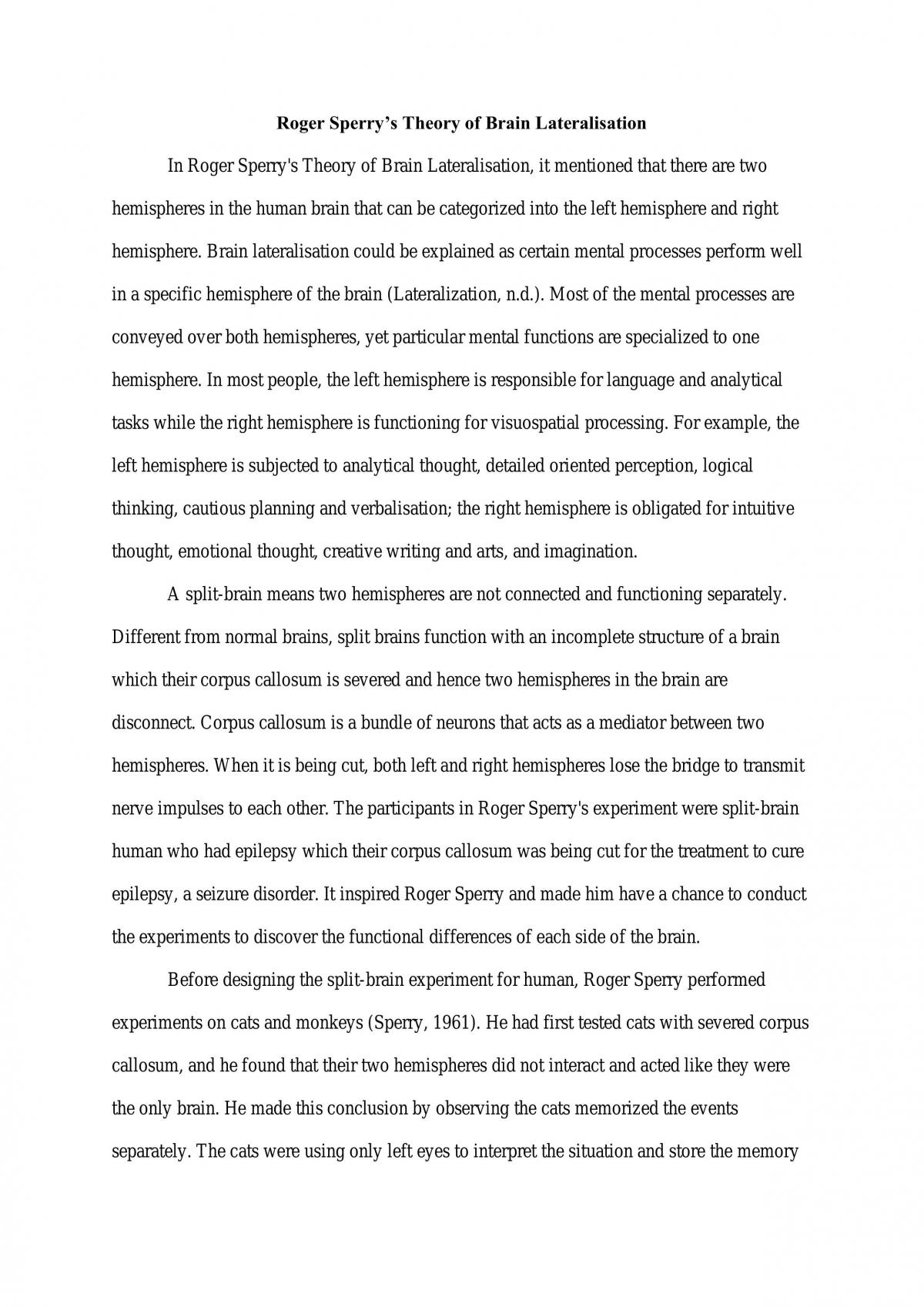 Roger Sperry's Theory of Brain Lateralization - Page 1