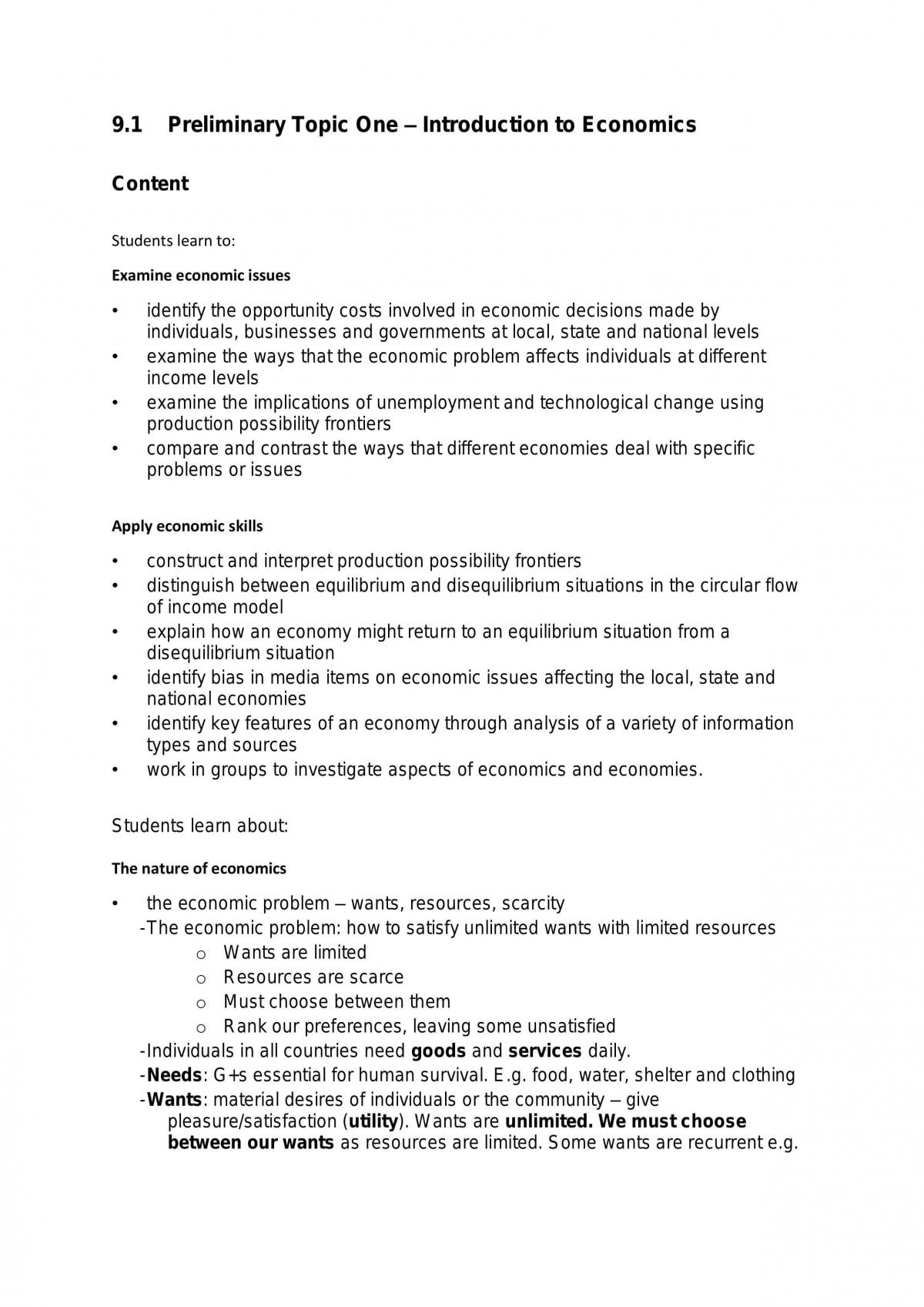 Economics Preliminary Topic 1 Notes  - Page 1