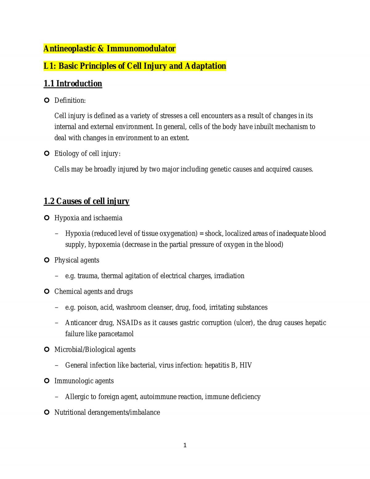 Basic Principle of Cell Injury & Pathology of Neoplasia (Cancer) - Page 1