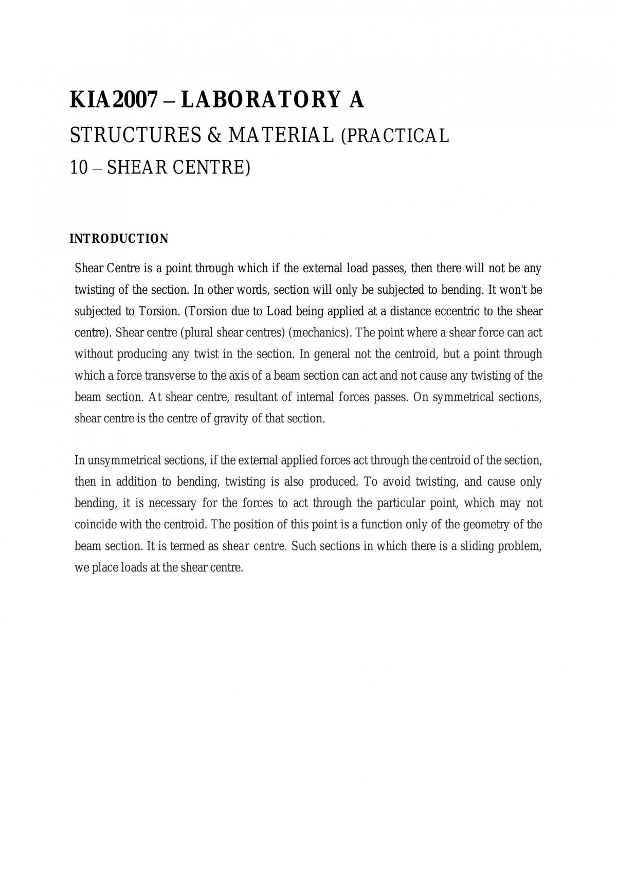 Structures & material (practical 10 – shear centre) - Page 1