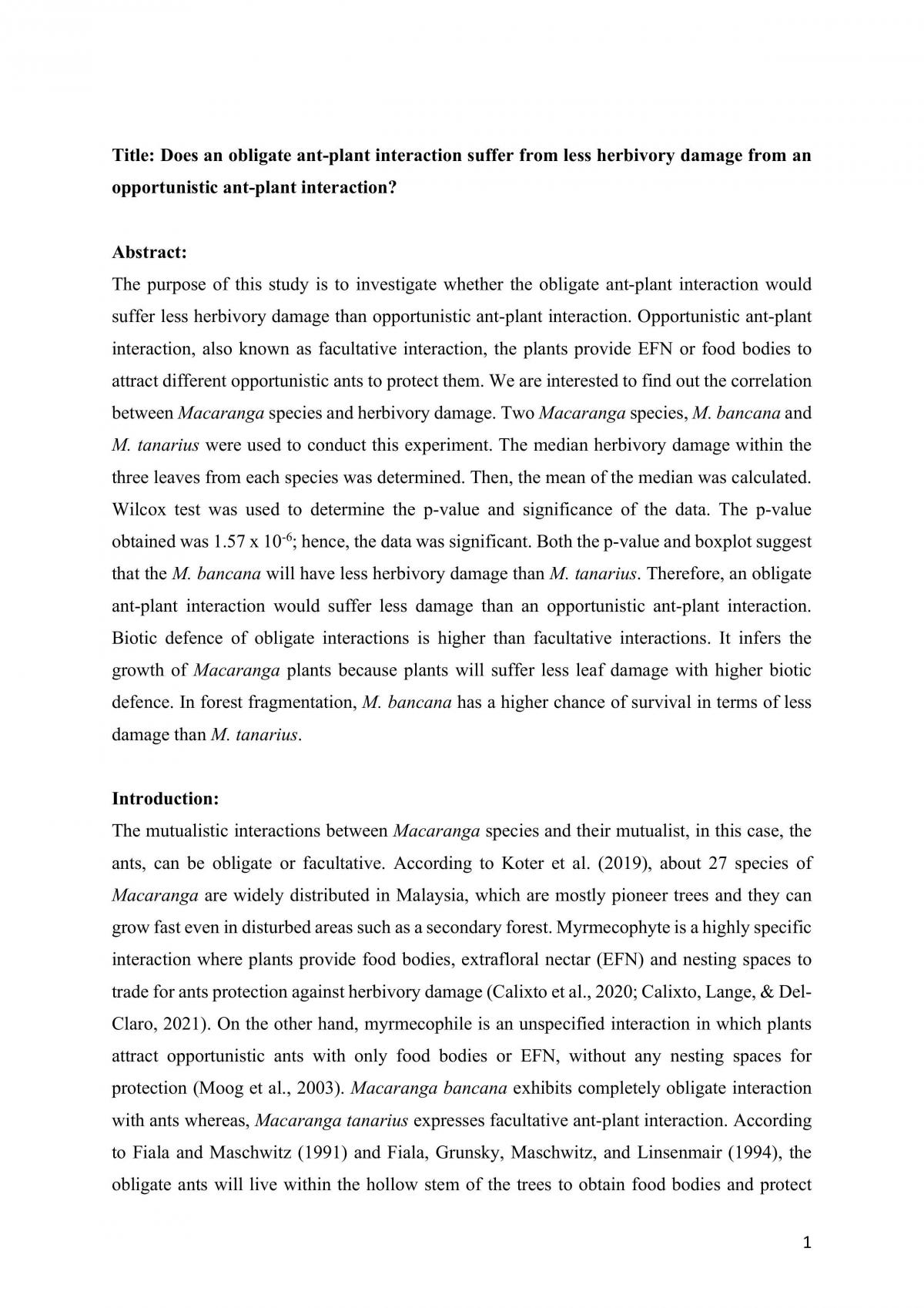Does an obligate ant-plant interaction suffer from less herbivory damage from an opportunistic ant-plant interaction? - Page 1