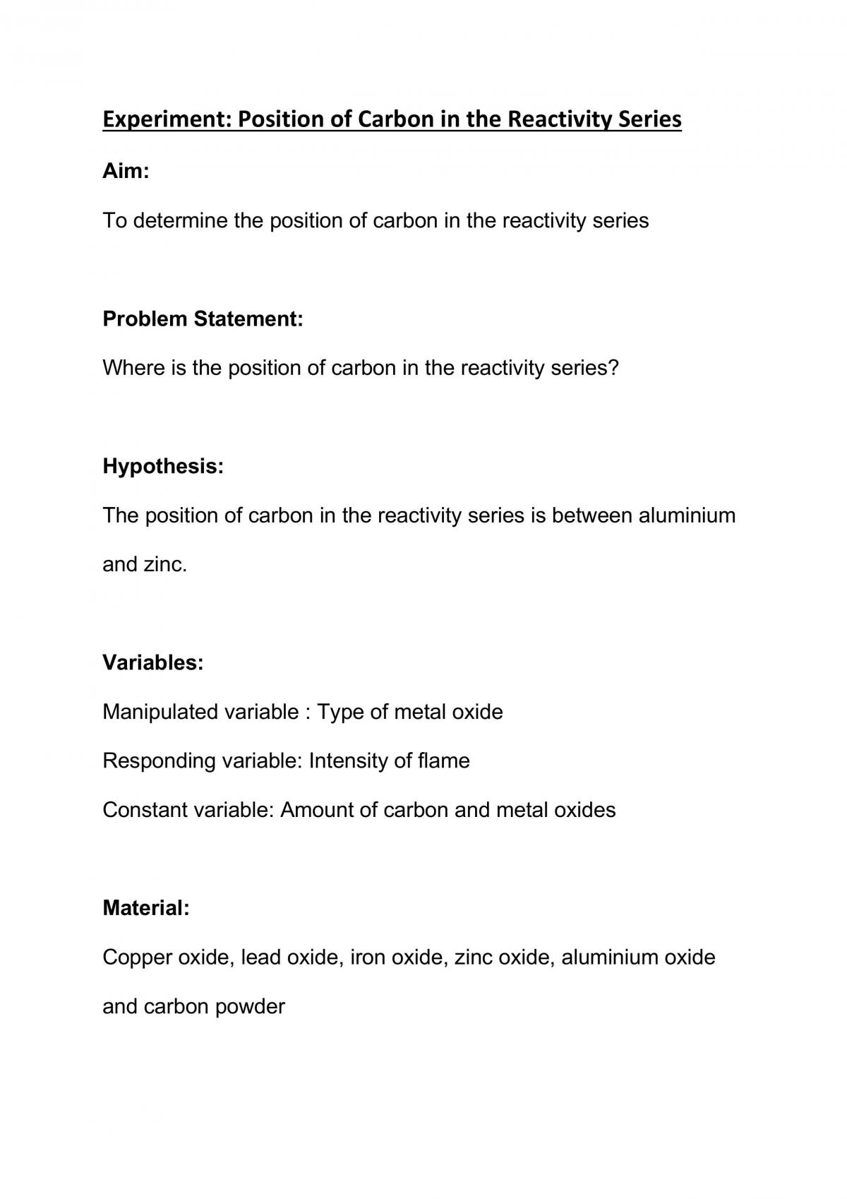 Experiment: Position of Carbon in the Reactivity Series - Page 1