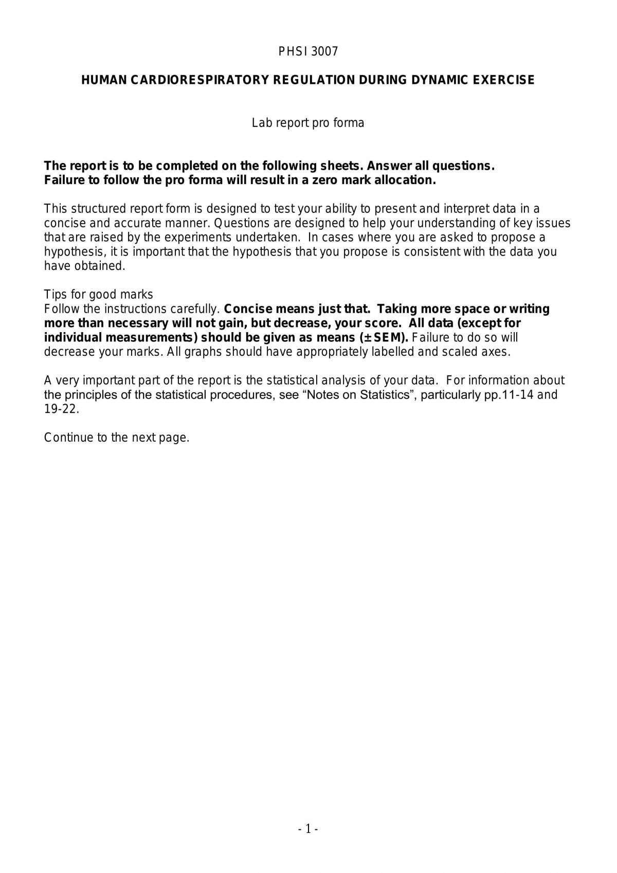 Human Cardiorespiratory Regulation during Dynamic Exercise Lab Report - Page 1