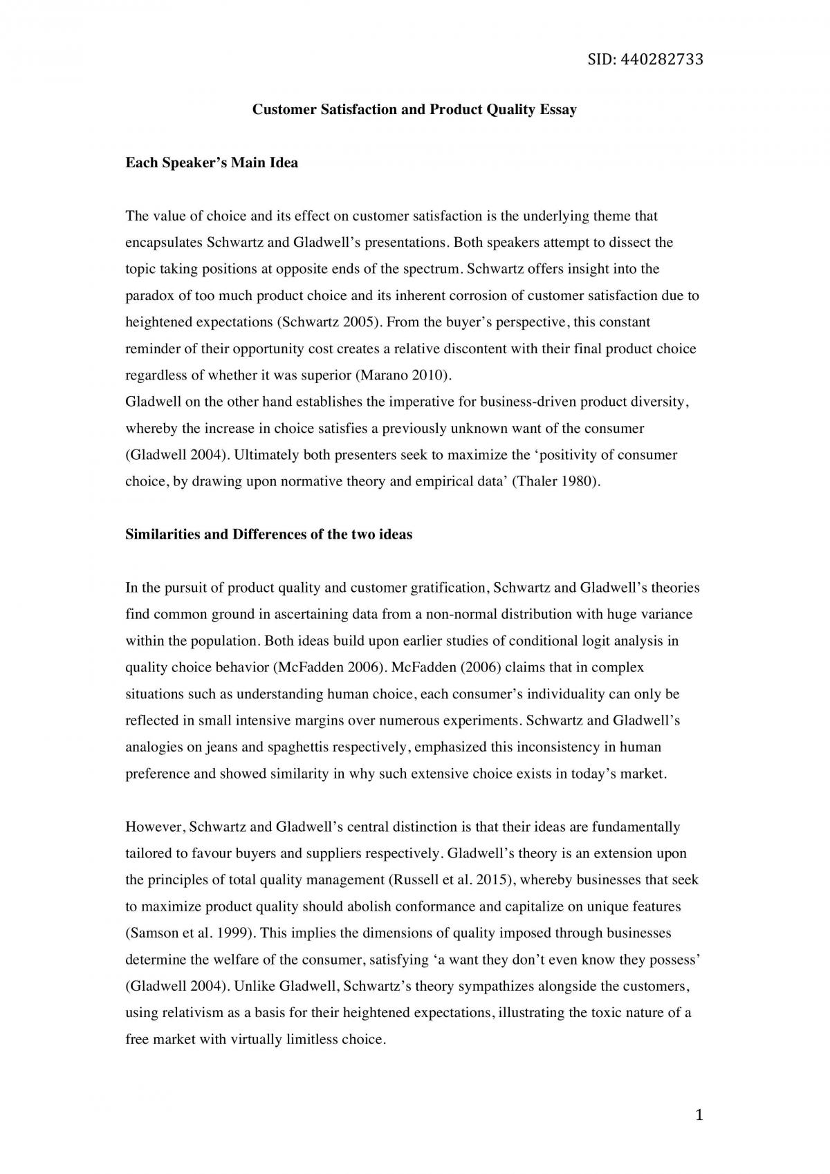 Essay on Consumer Quality and Consumer Satisfaction - Page 1