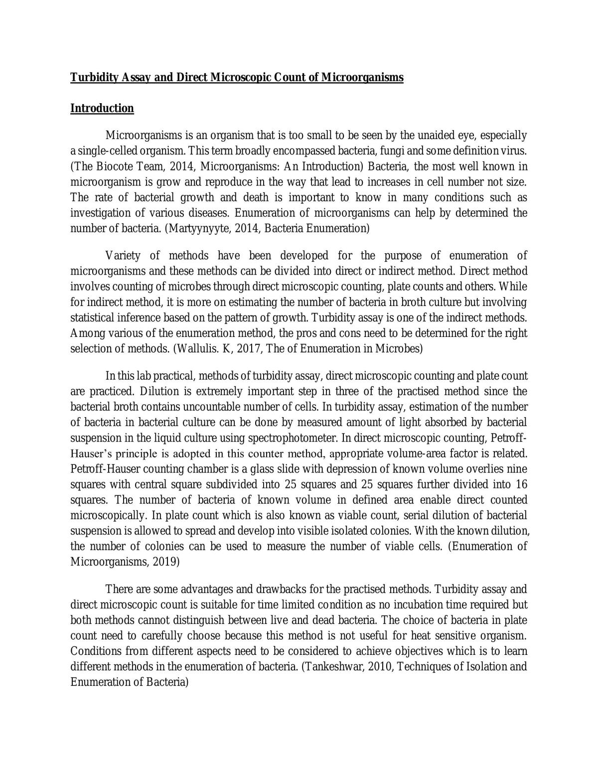 Turbidity assay and direct microscopic count of microorganisms btt