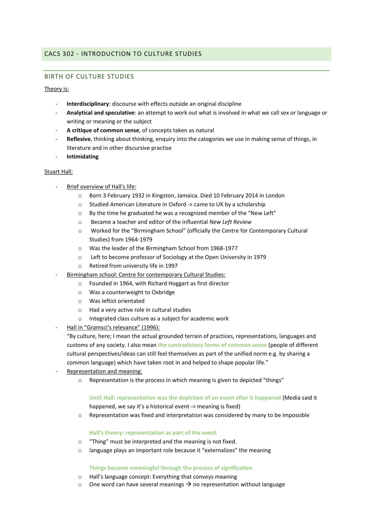 Introduction to Culture Studies - Full Notes - Page 1