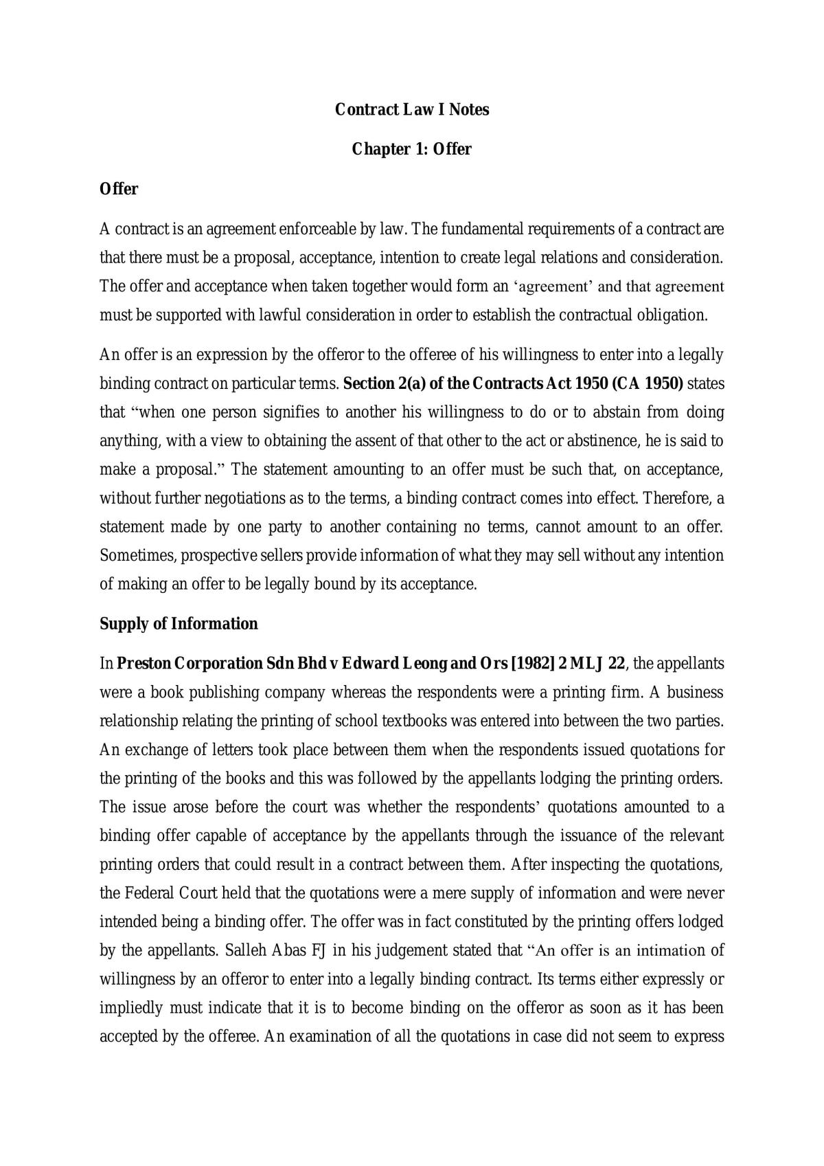 Contract Law I Study Notes - Page 1