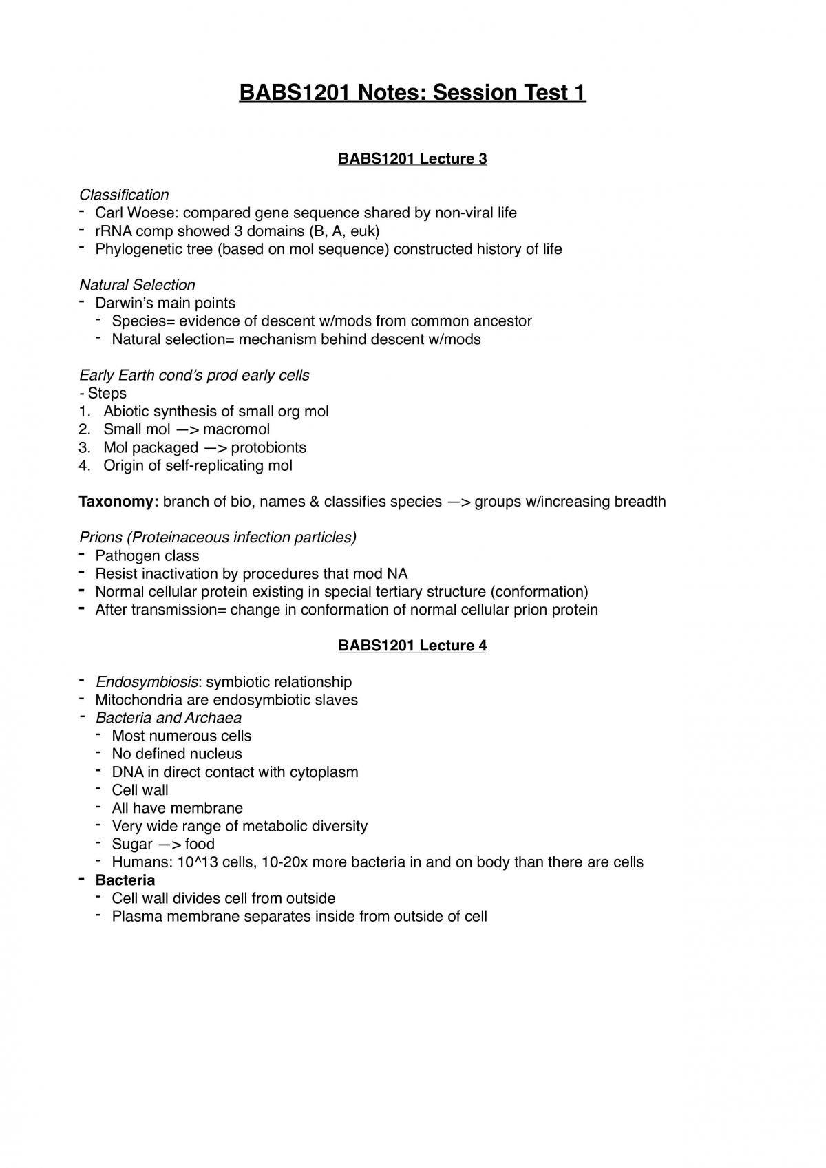 Session 1 Notes for BABS1201 - Page 1