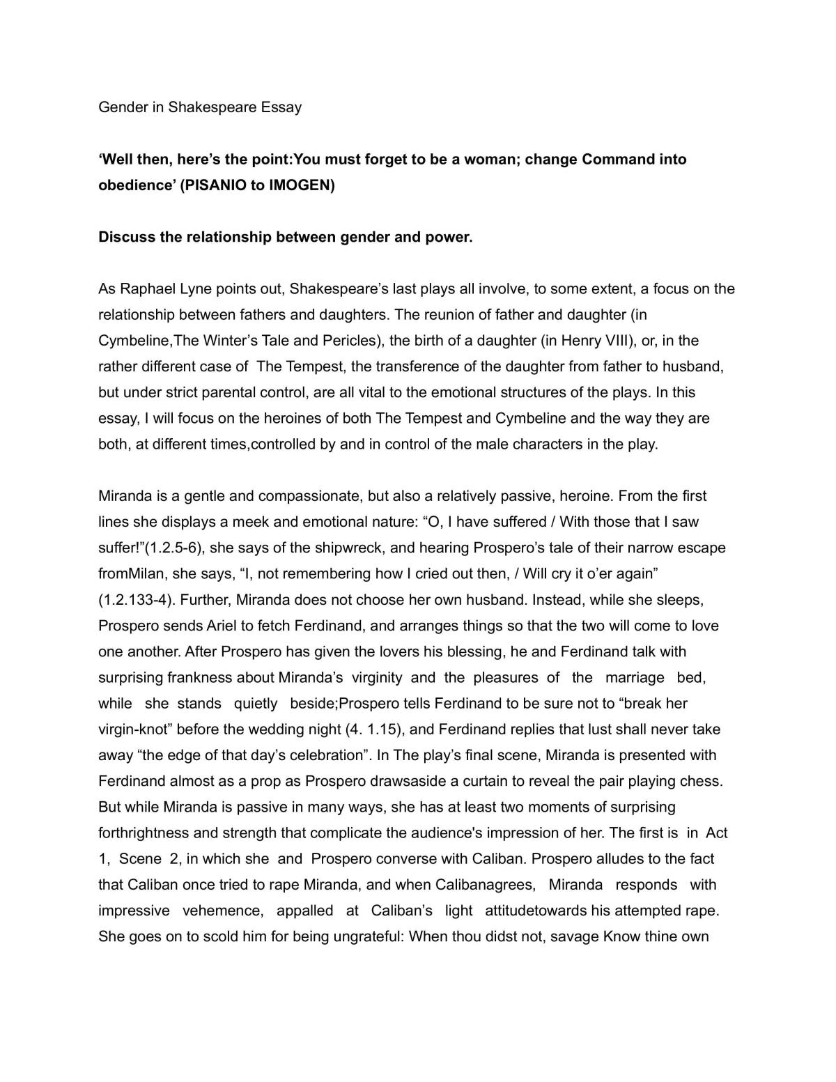 Gender in Shakespeare Essay - Page 1
