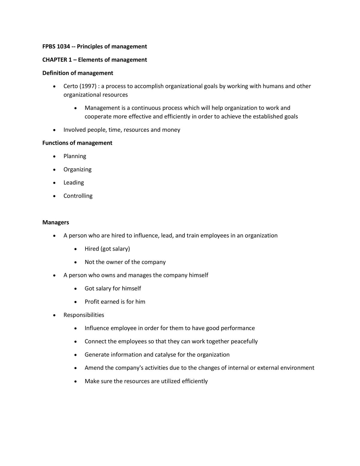 FPBS1034 Principles of Management Notes - Page 1