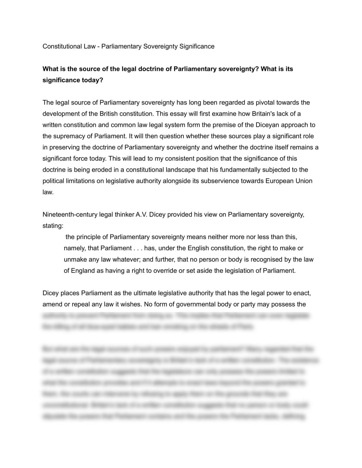 Significance of Parliamentary Sovereignty Essay - Page 1