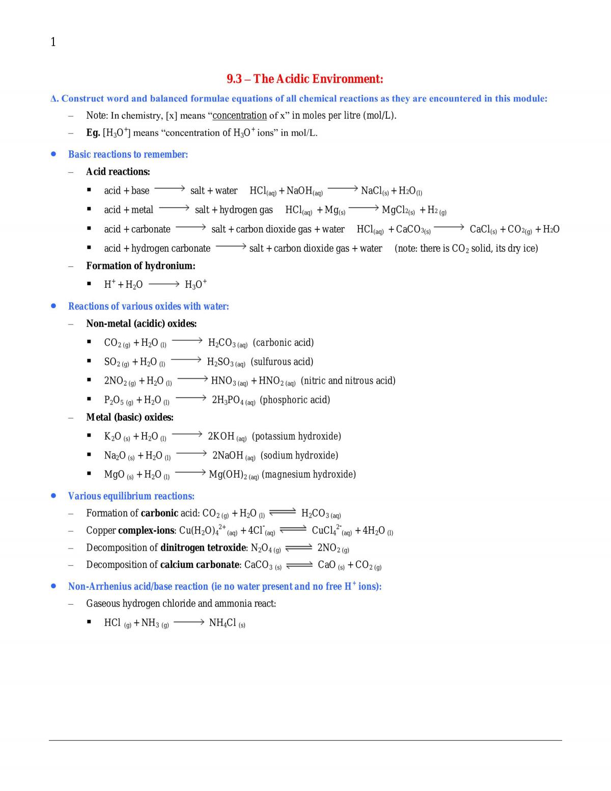 HSC Chemistry - The Acidic Environment - Complete notes. - Page 1