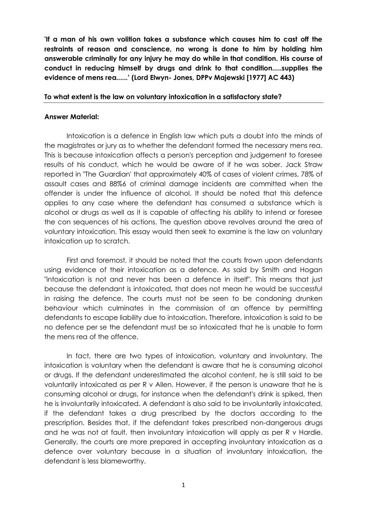 Voluntary Intoxication Essay - Page 1
