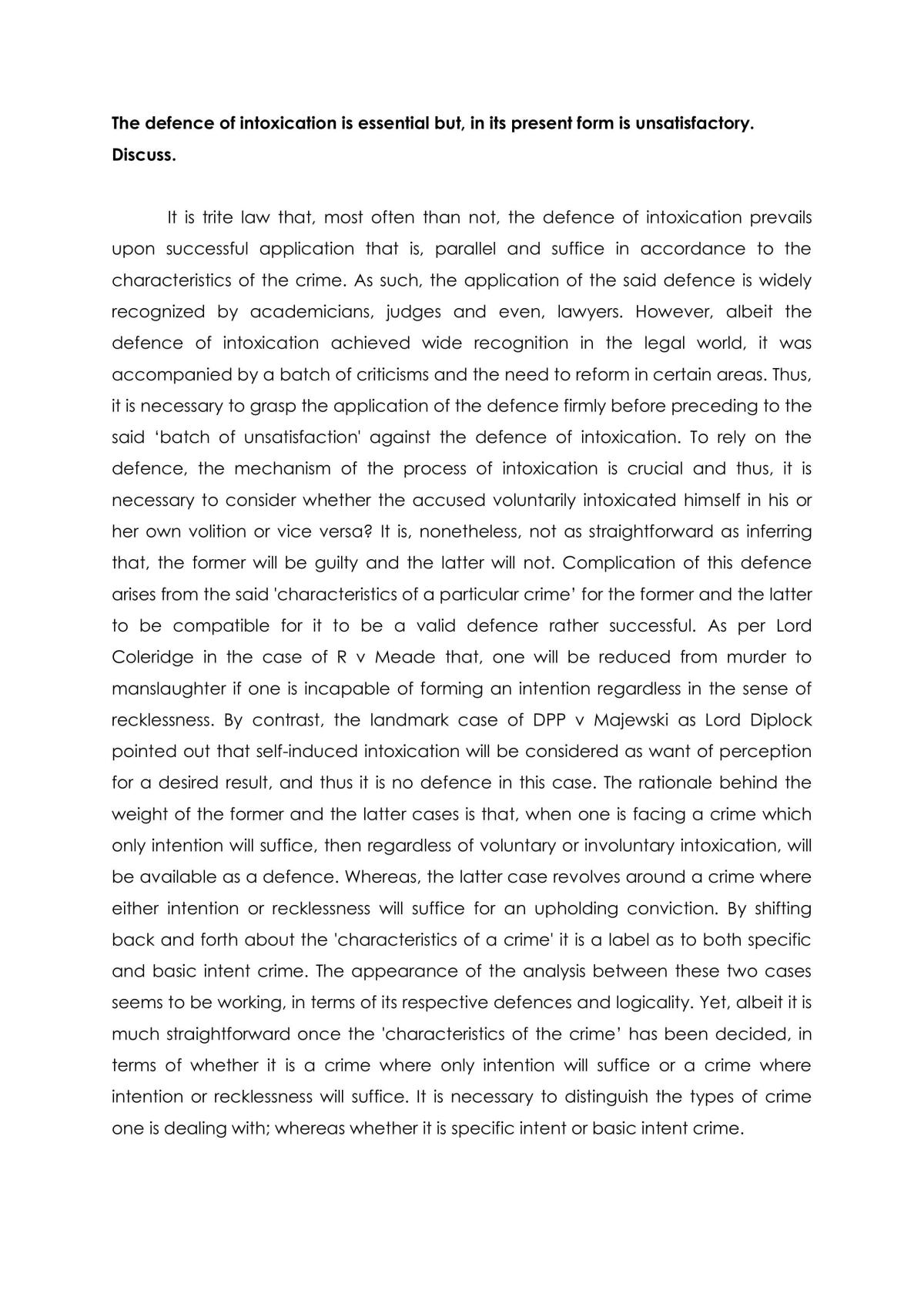 Defence of Intoxication Essay - Page 1
