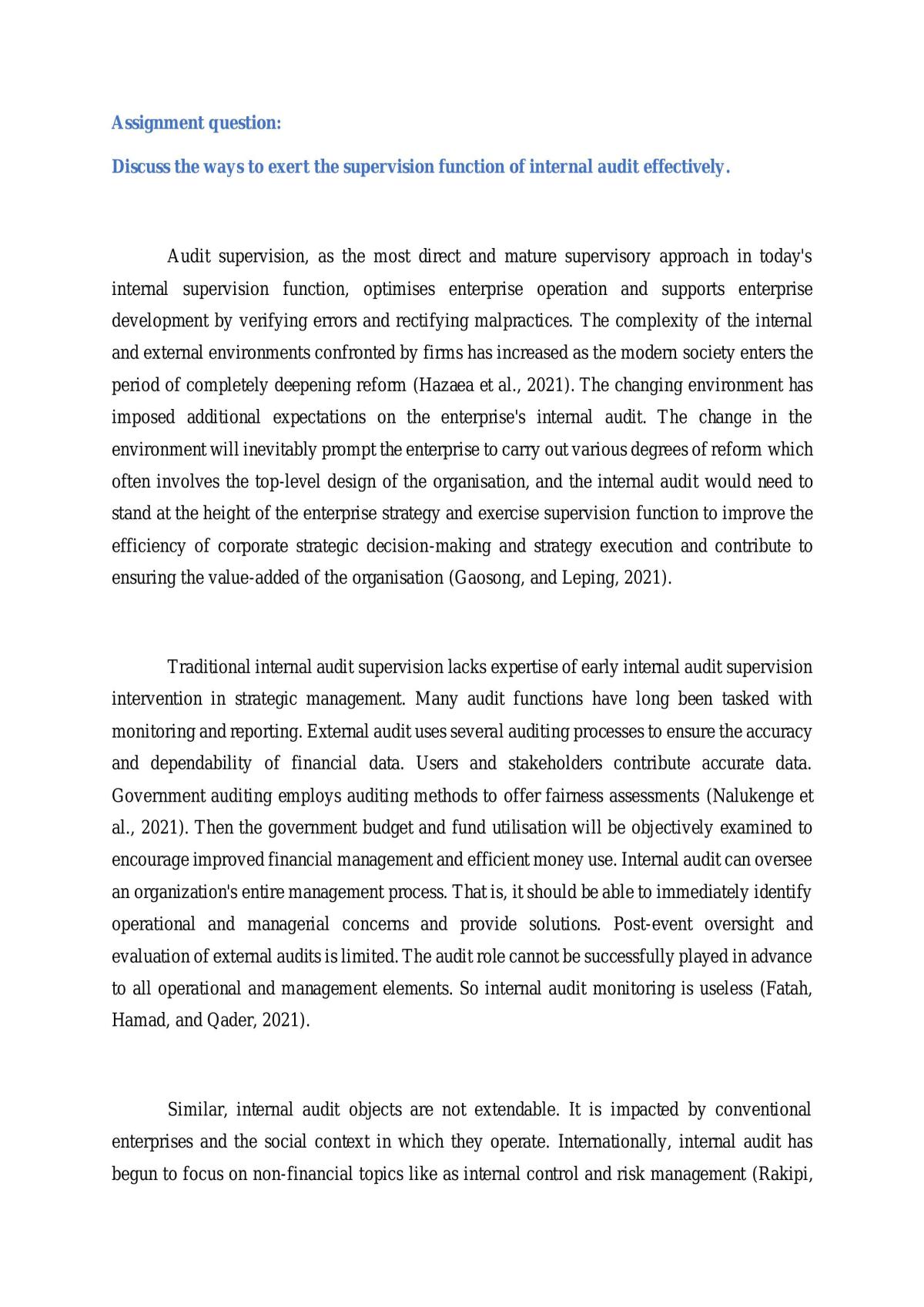 Assignment discussing the ways to exert the supervision function of internal audit effectively - Page 1