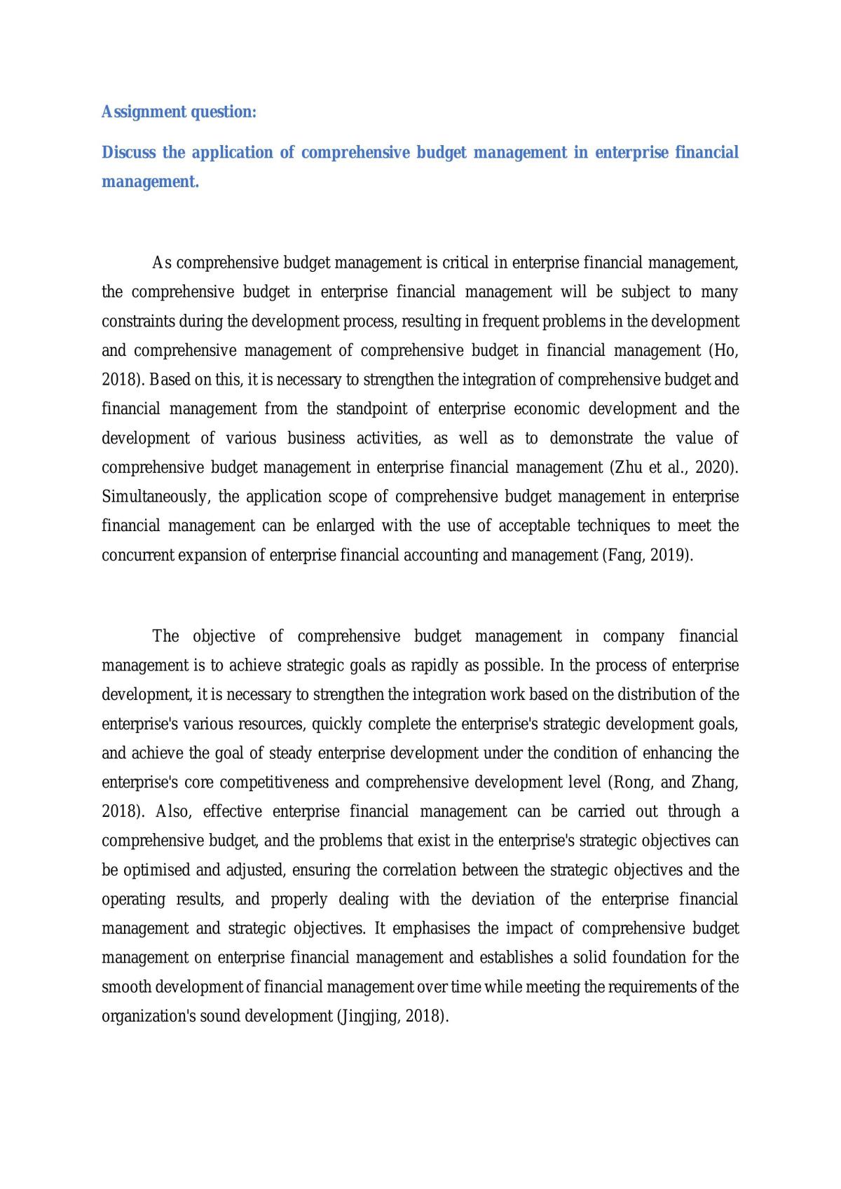 Assignment discussing the application of comprehensive budget management in enterprise financial management - Page 1