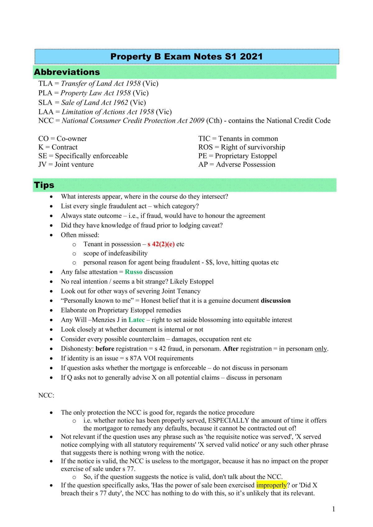 Property B Exam Notes S1 2021 - Page 1