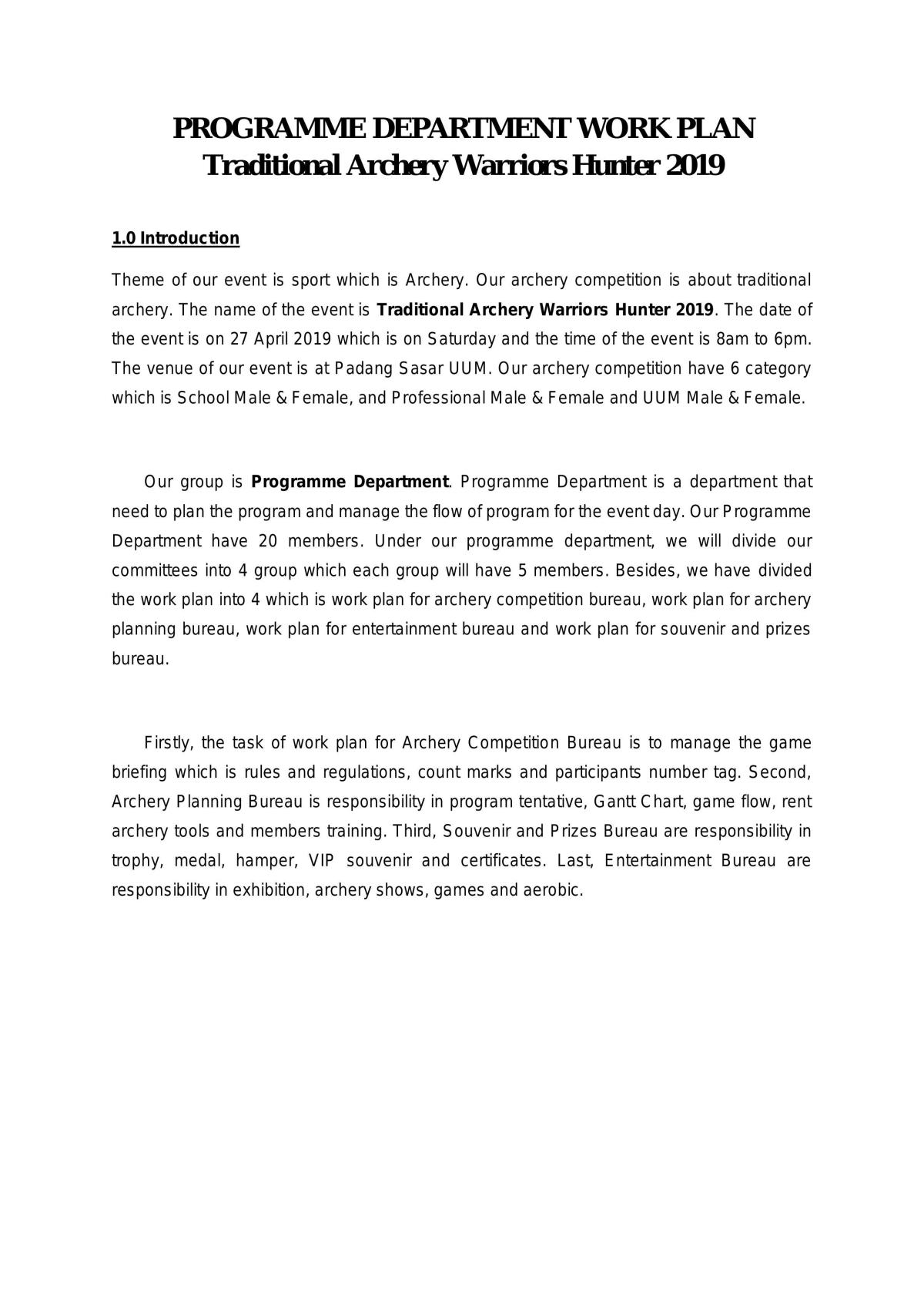 Programme Department Work Plan Traditional Archery Warriors Hunter 2019 - Page 1
