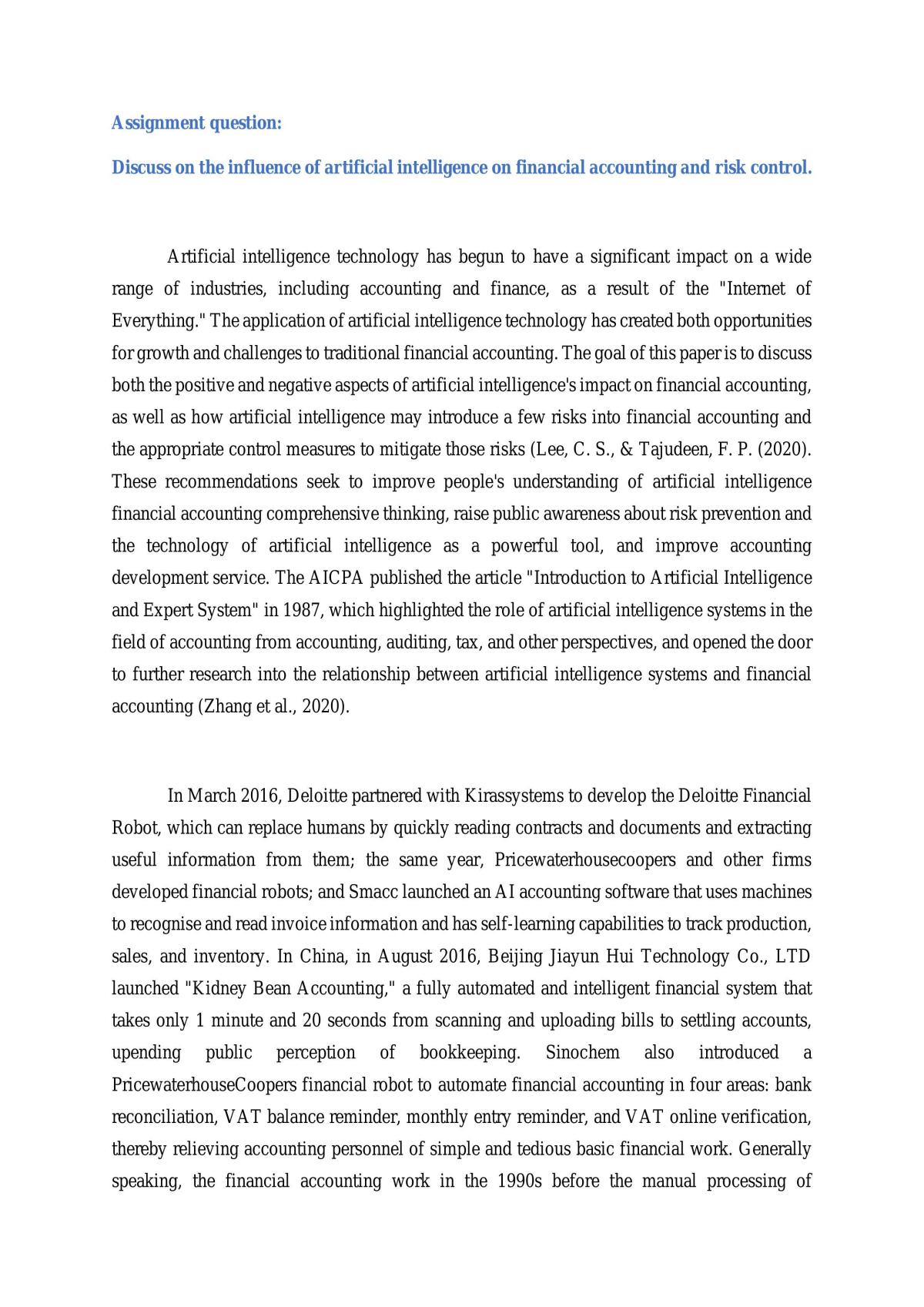 Assignment discussing the influence of artificial intelligence on financial accounting and risk control - Page 1
