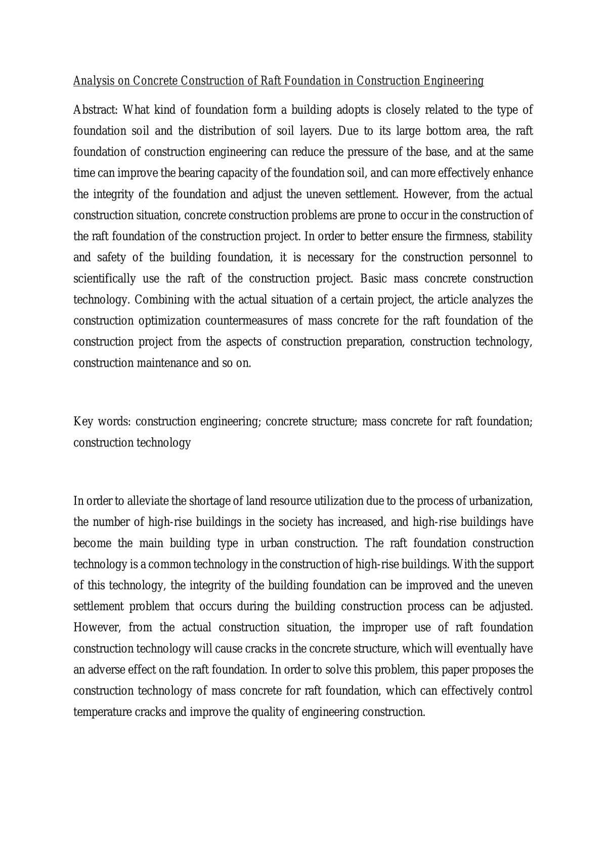 Analysis on Concrete Construction of Raft Foundation in Construction Engineering - Page 1