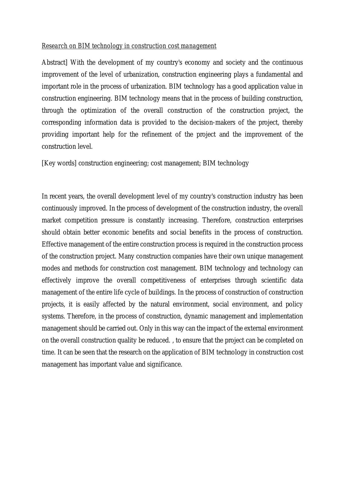 Research on BIM technology in construction cost management - Page 1