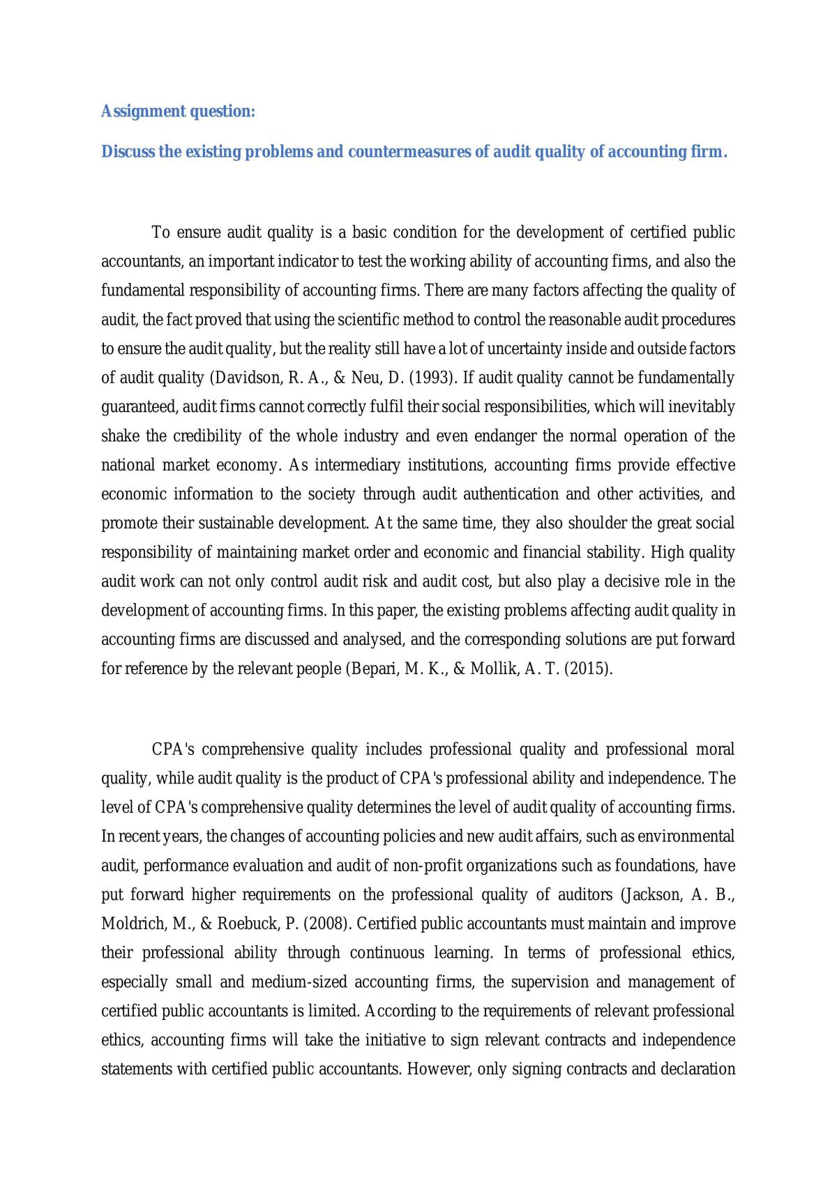 Assignment discussing the existing problems and countermeasures of audit quality of accounting firm - Page 1