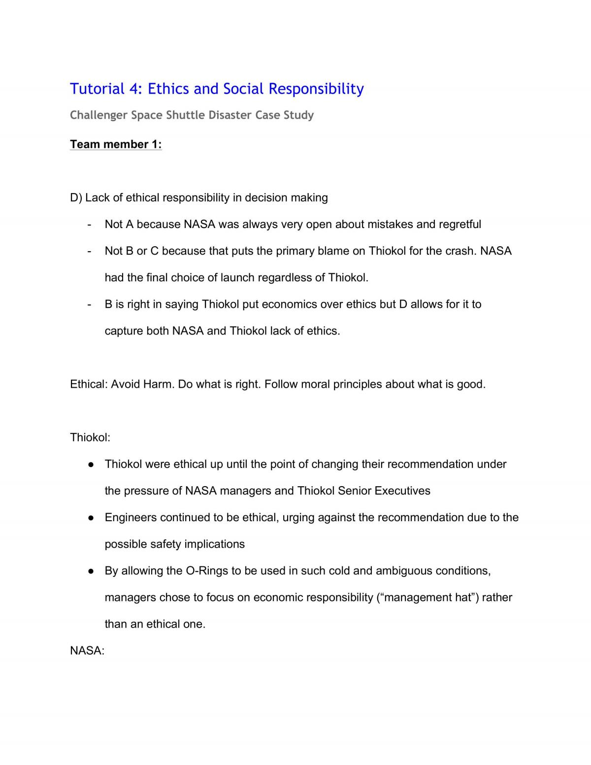 Challenger Space Shuttle Disaster Case Study Tutorial Assignment - Page 1