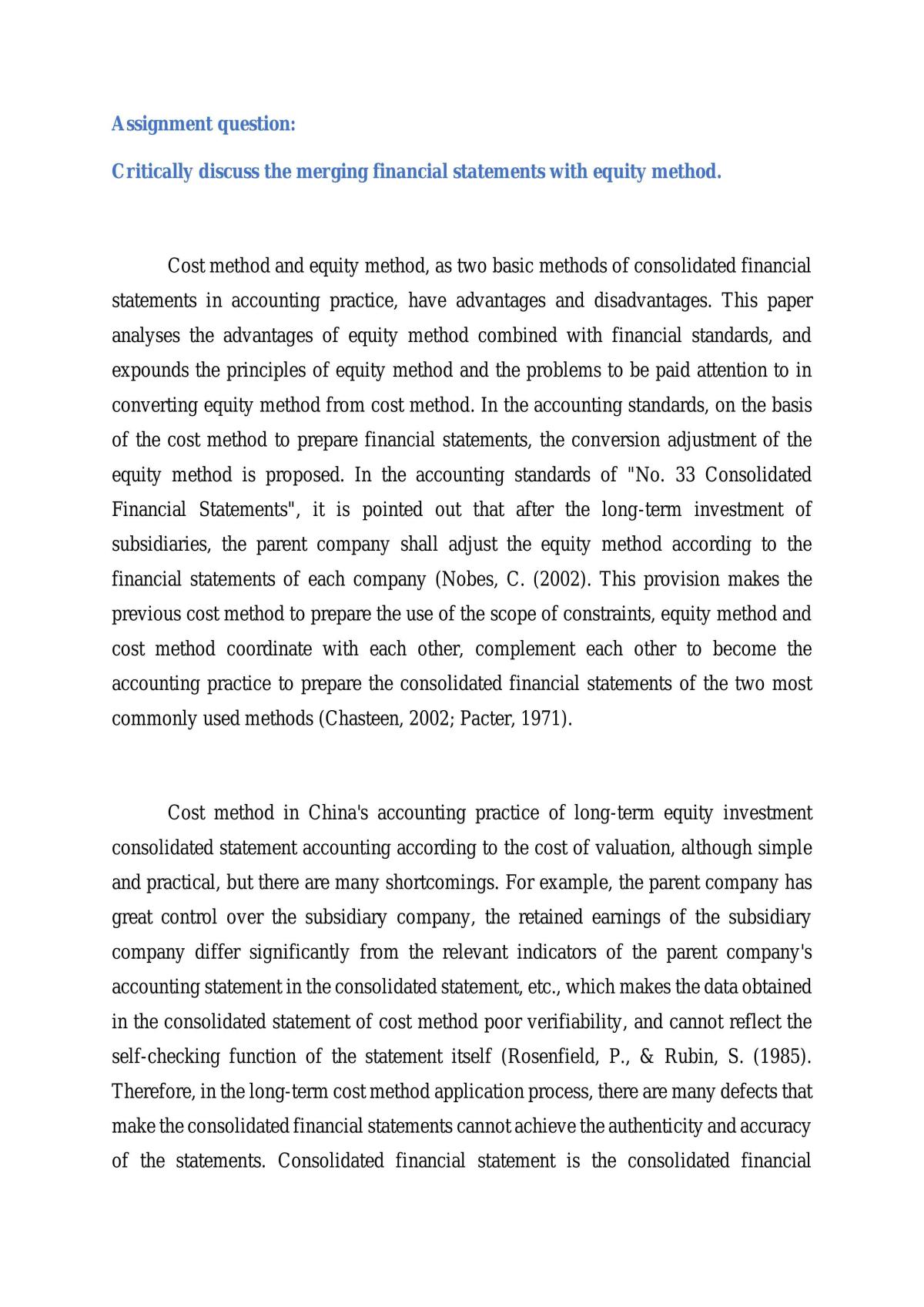 Assignment discussing the merging financial statements with equity method - Page 1