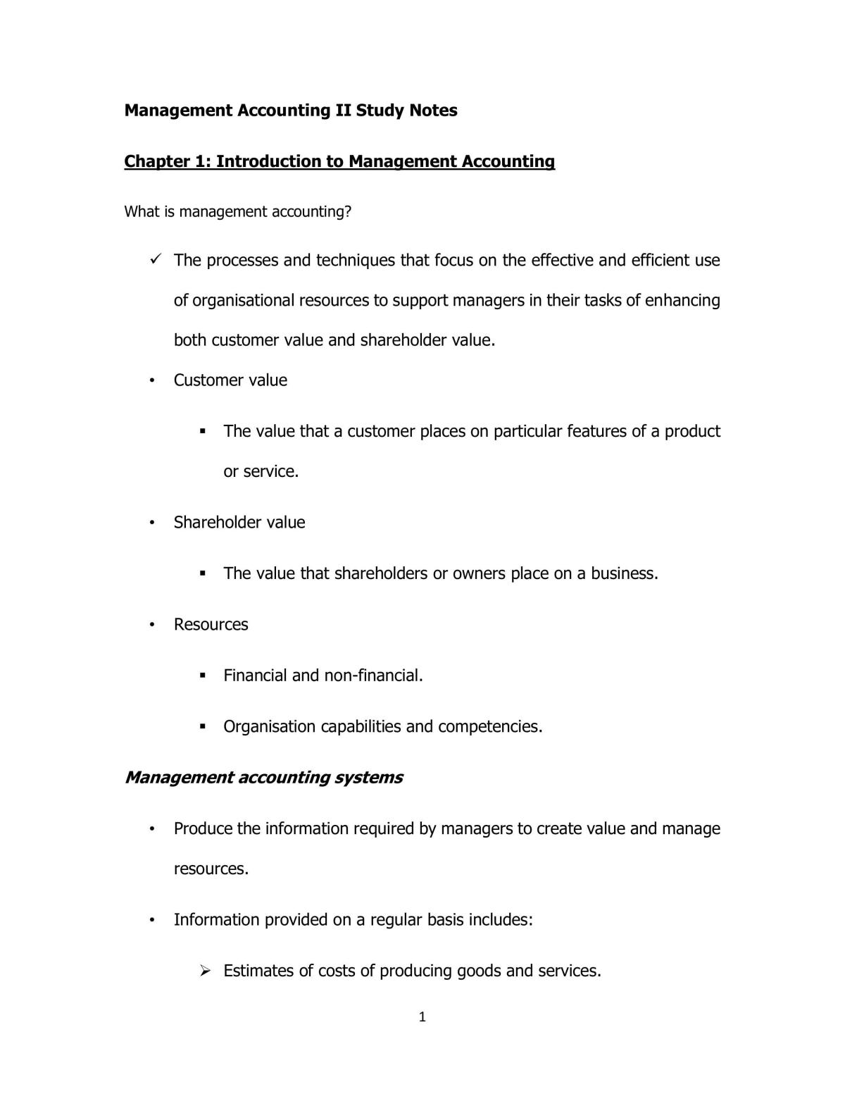 Management Accounting II Study Notes - Page 1