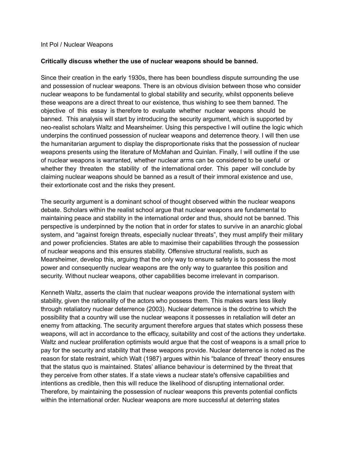 Nuclear Weapons Ethics Essay | PIED1511 - International Politics ...