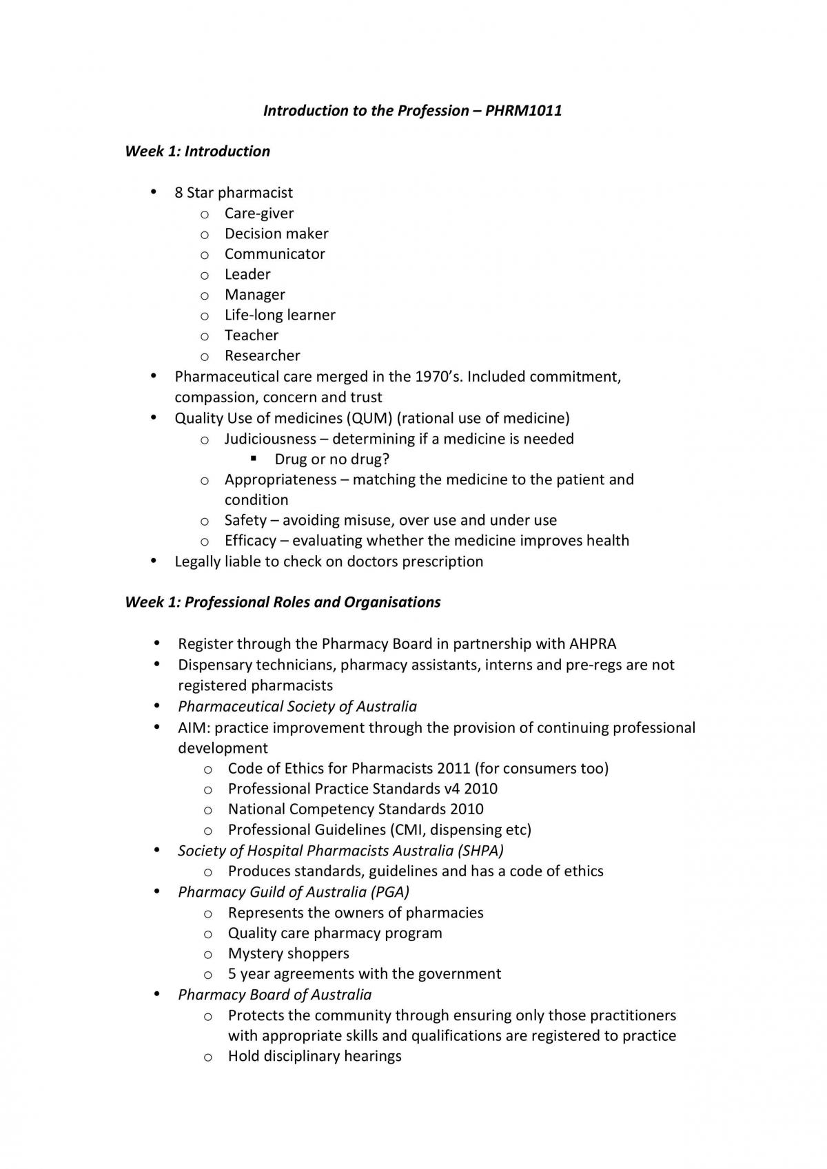 Notes for PHRM1011, Introductory Pharmacy 1  - Page 1