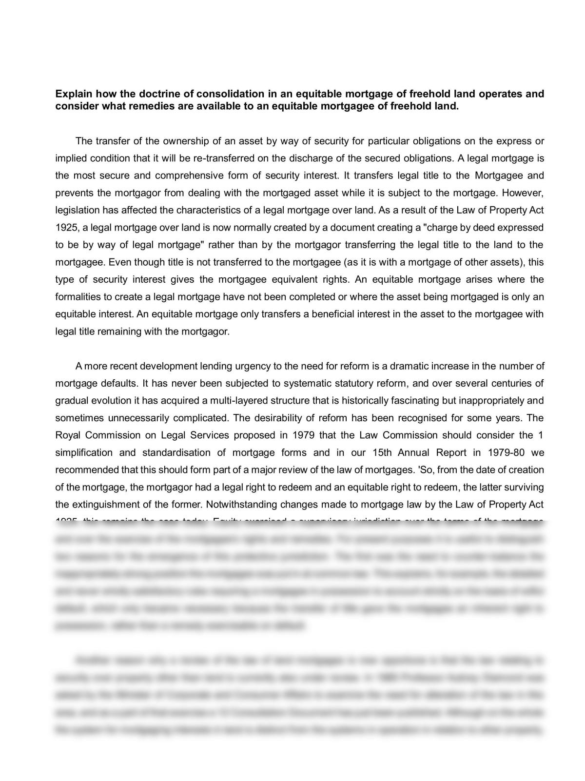 Essay discussing the operation of doctrine of consolidation in equitable mortgage and remedies available. - Page 1