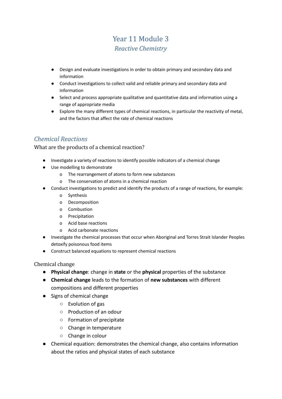 Yr 11 Module 3 - Reactive Chemistry - Page 1
