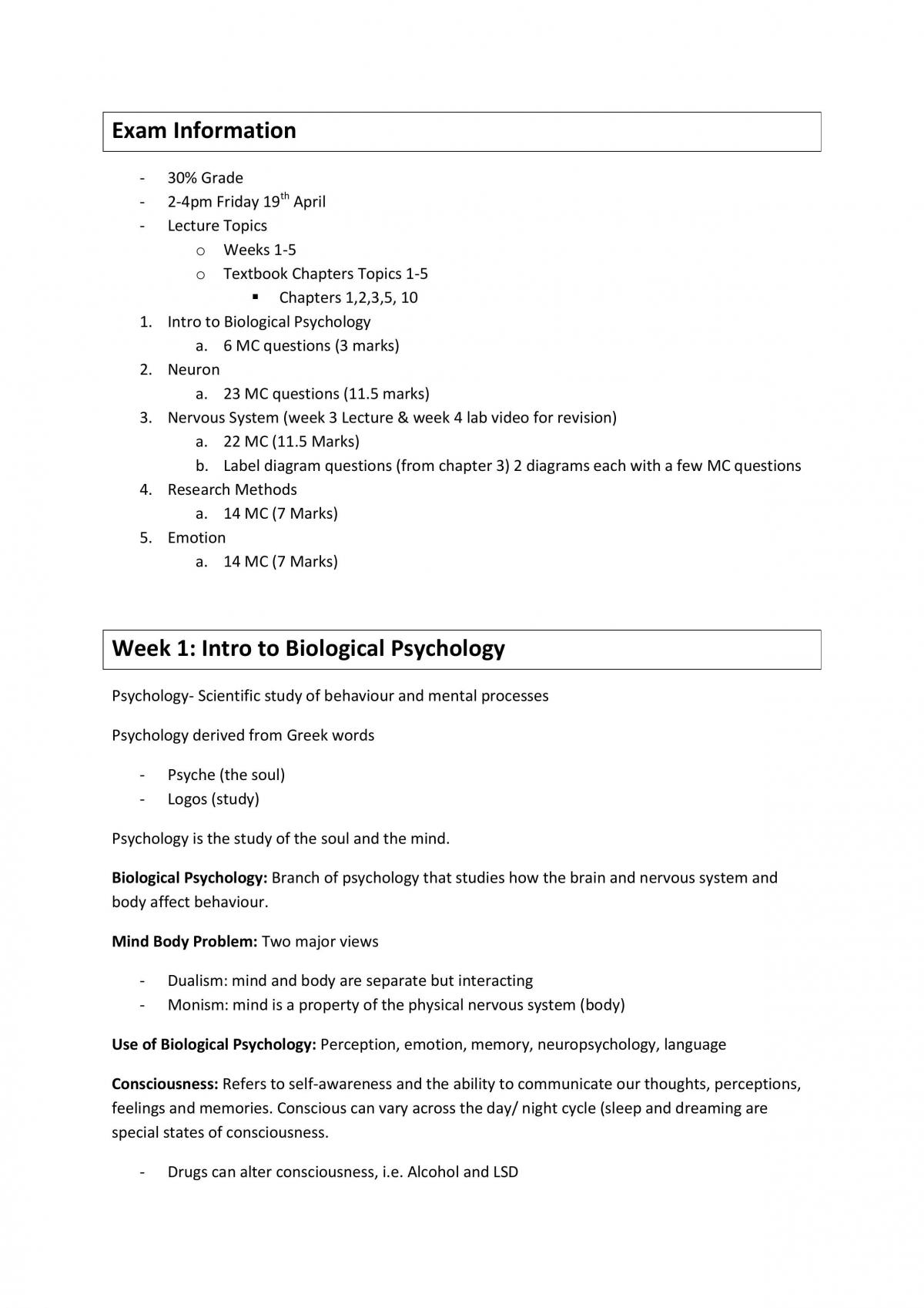  Mid -Semester Exam Notes - Cognitive Neuroscience - Page 1