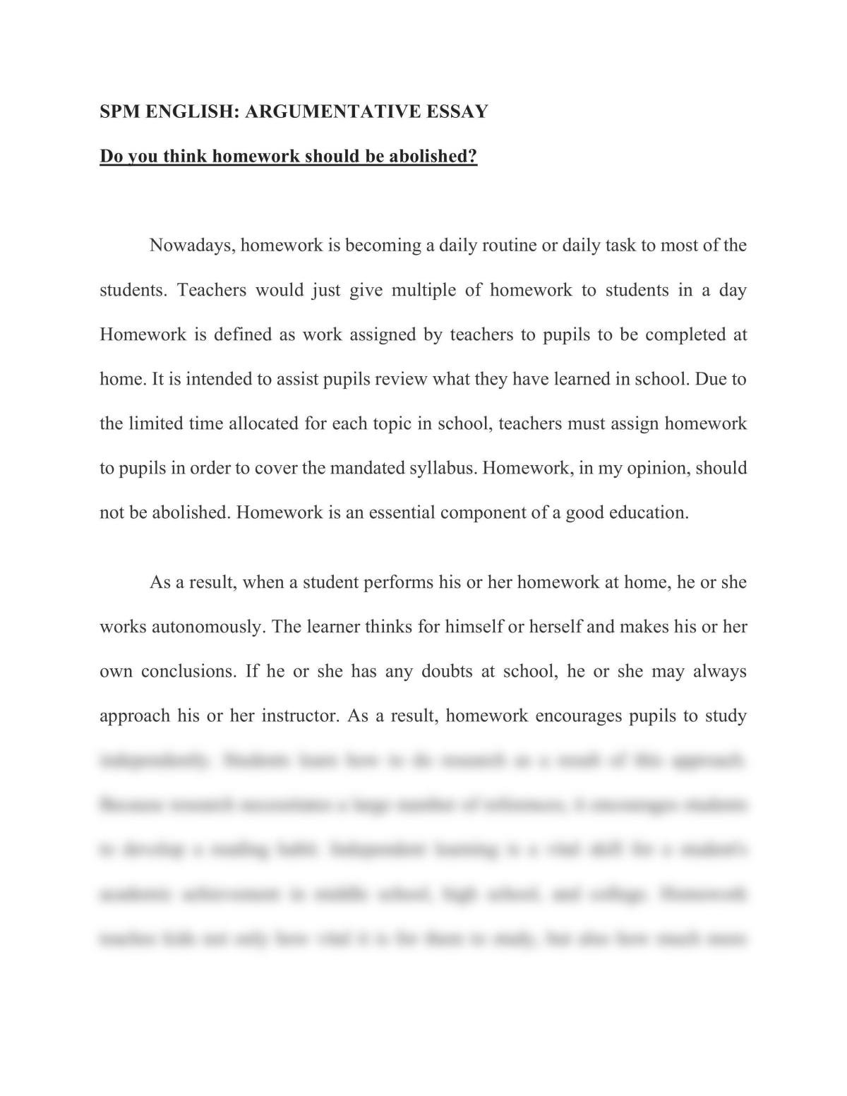 Argumentative Essay: Do you think homework should be abolished? - Page 1